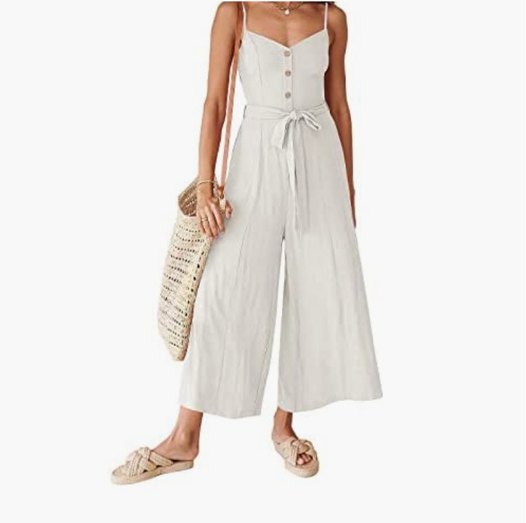 2023 Mono de pierna ancha con cuello en V y correa de hombro delgada de verano para mujer con cinturón