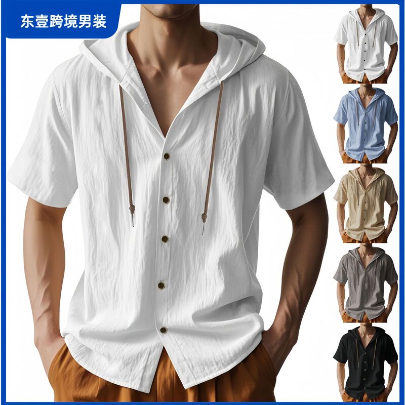 Cross-border Hot Selling European and American Men's Cotton and Linen Casual Short-sleeved Hooded Shirt Hooded Fashion Button Cardigan Beach T-shirt