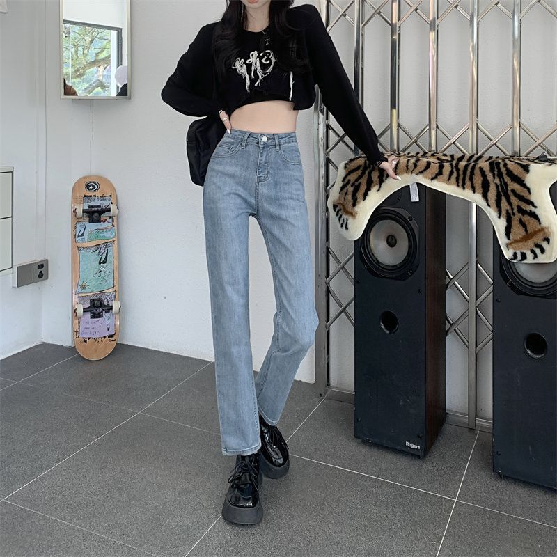 浅色直筒牛仔裤女秋冬新款显瘦宽松烟管裤高腰ins高街九分裤外穿|undefined
