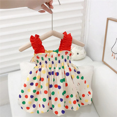 女童連衣裙寶寶夏裝波點吊帶裙夏季洋氣撞色五彩圓點背心裙連衣裙