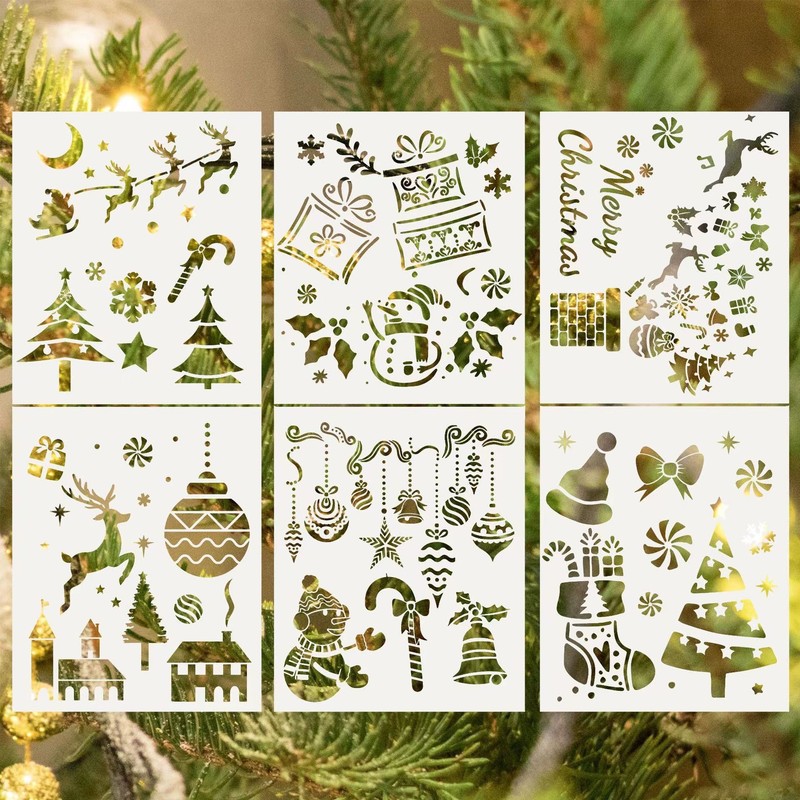 6枚のクリスマス透かし絵テンプレート、子供や学生向けの手描きDIYパターン、模写、落書き、捺染、透かし印刷テンプレート|undefined