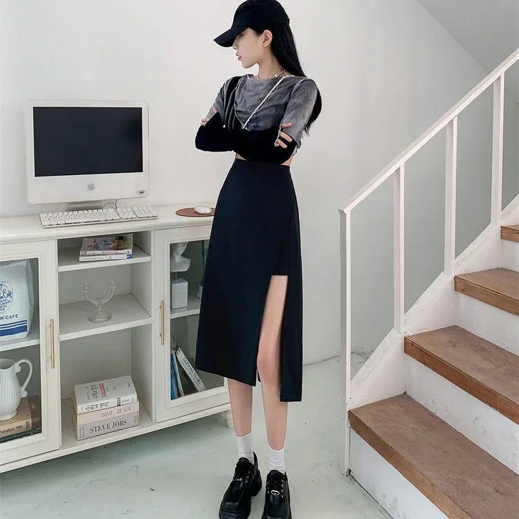 2022秋季大码胖mm中长款黑色半身裙女高腰显瘦开叉遮胯A字包臀裙