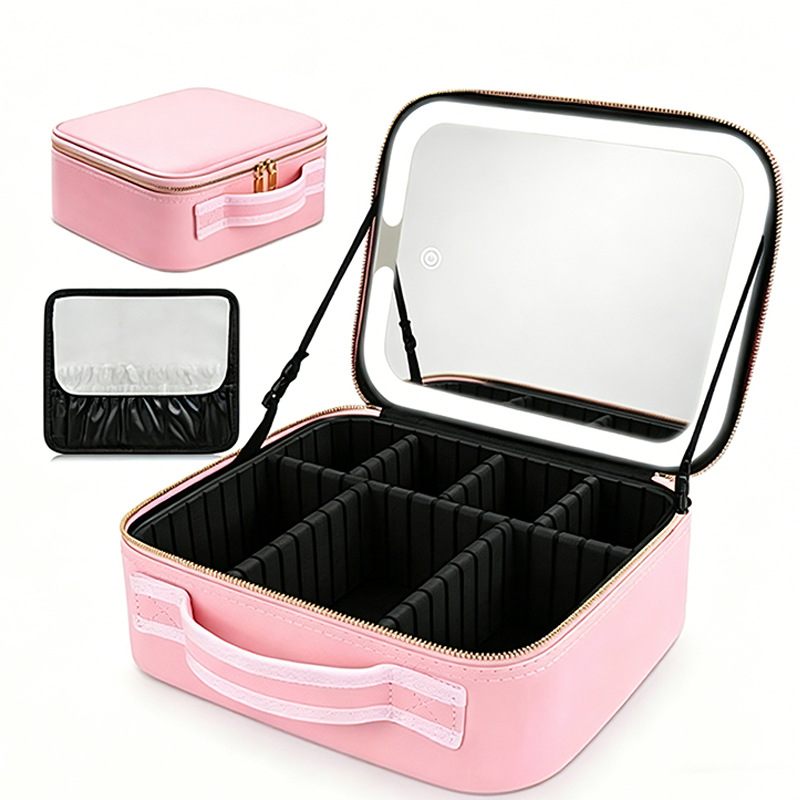Bolsa de maquillaje de alta calidad con espejo con LED, partición desmontable, bolsa de maquillaje portátil impermeable de almacenamiento de gran capacidad