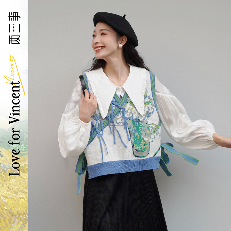 Van Gogh Art Style New Spring Collection Retro Floral Pattern Button Sleeveless Knitted Sweater for Women Van Gogh Art Style New Spring Collection Retro Floral Pattern Button Sleeveless Knitted Sweater for Women