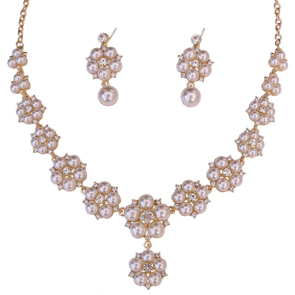 Inlay Design Elegant Flower Alloy Inlay Artificial Pearls Rhinestones Earrings Necklace