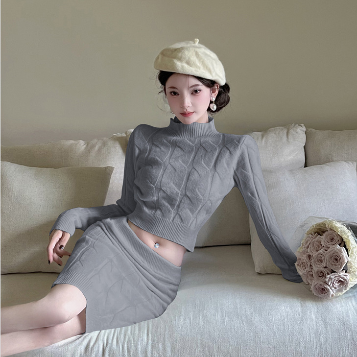 慵懒风麻花针织毛衣套装裙女2025秋冬新款修身高腰包臀短裙两件套|undefined