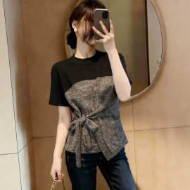 轻熟小众设计感撞色短袖上衣女夏季大码胖妹妹时尚洋气假两件T恤