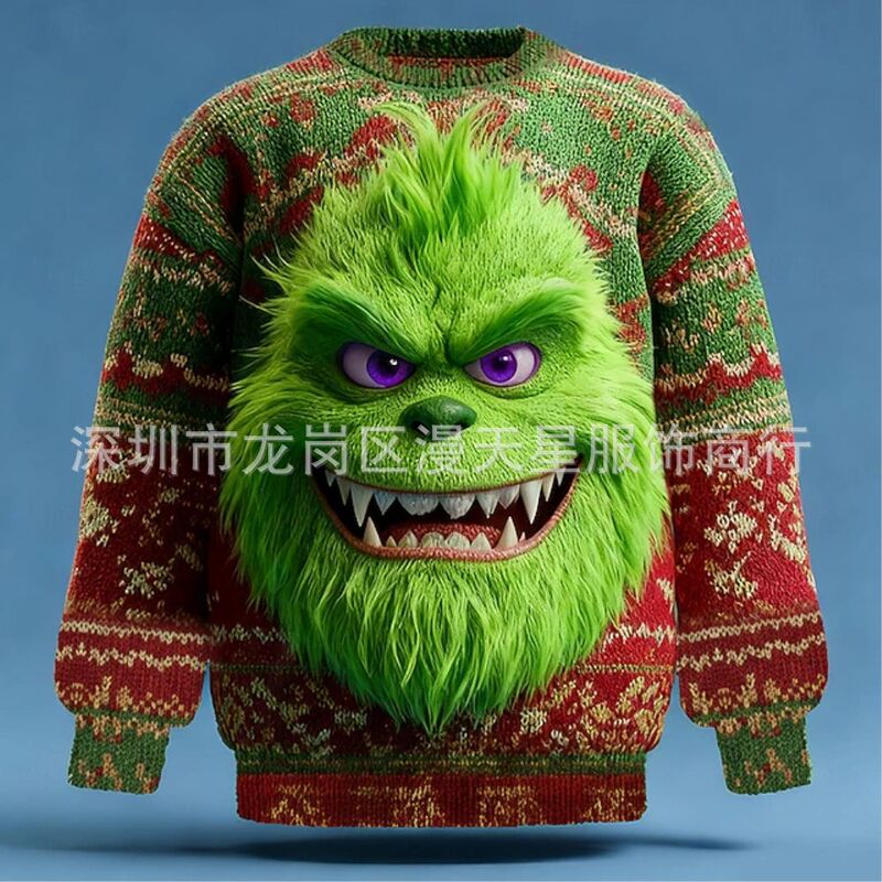 2025 European and American Cross New Style Christmas Grinch Ugly Christmas Sweater 3D Digital Printing Hooded Sweatshirt Cos