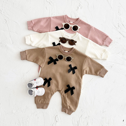 Spring and Autumn Newborn Baby Girl Butterfly Bow Round Neck Long Sleeve Bodysuit for Infants