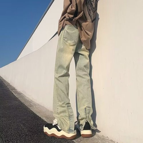 Side zip slightly loose men's spring and autumn retro washed punk cool pants American street fashion brand straight leg long pants