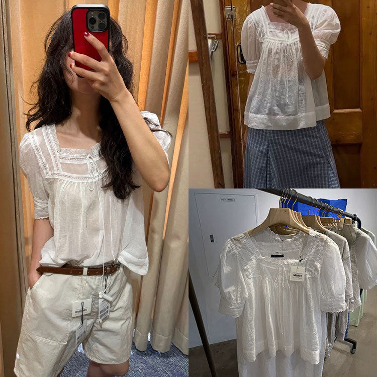 Fan Shun·XH Korean-style lace-up square-neck lace patchwork short-sleeve shirt, Dongdaemun summer new solid color top for women