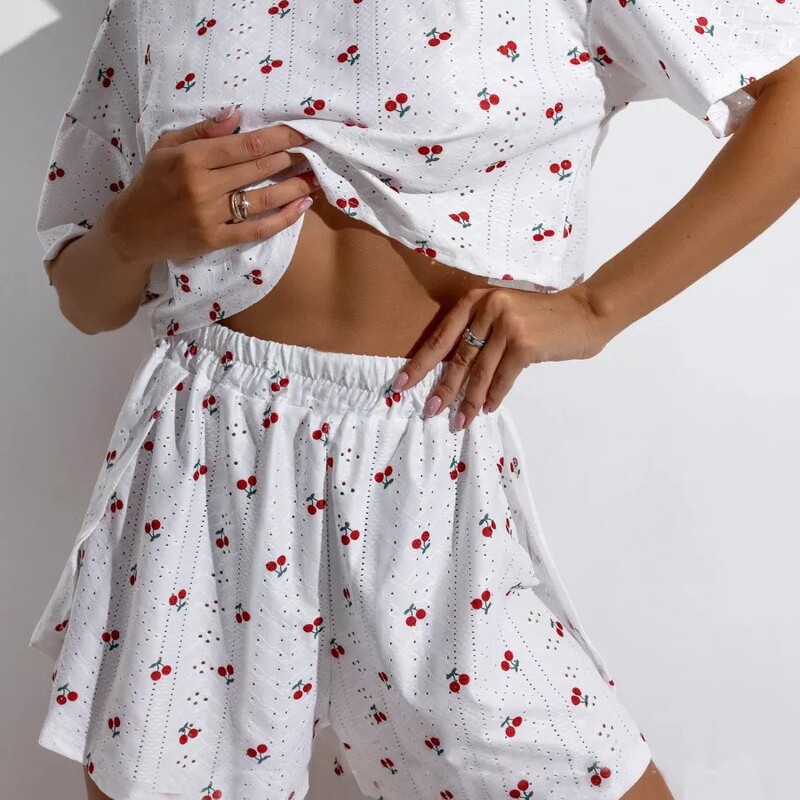 Women's Pajamas with Hollow-Out Breathable Print, Sexy Split Shorts, Round Neck Top Set, Loungewear for Home Comfort