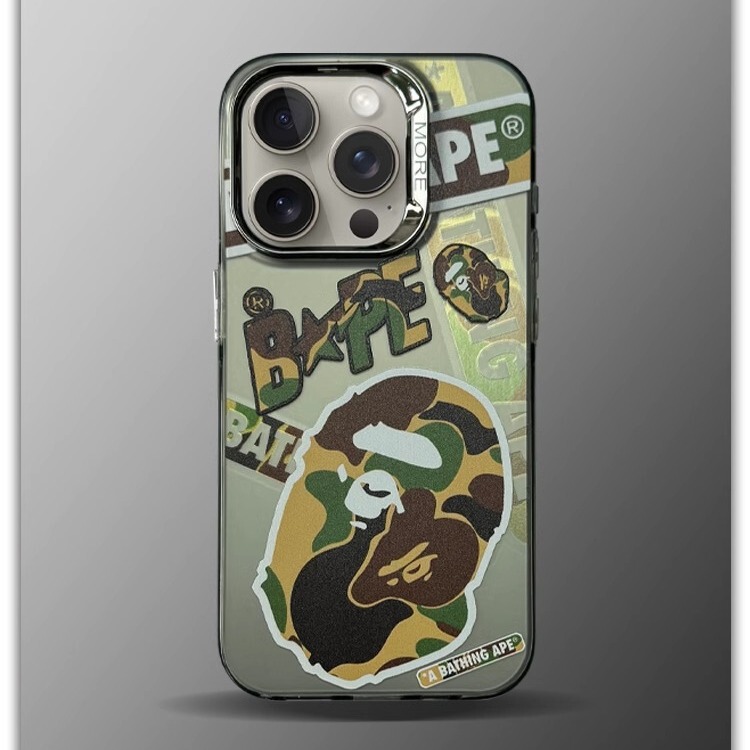New fashion brand camouflage BAPE ape head for Apple 15promax mobile phone case 14 plating 13 color silver drop-proof