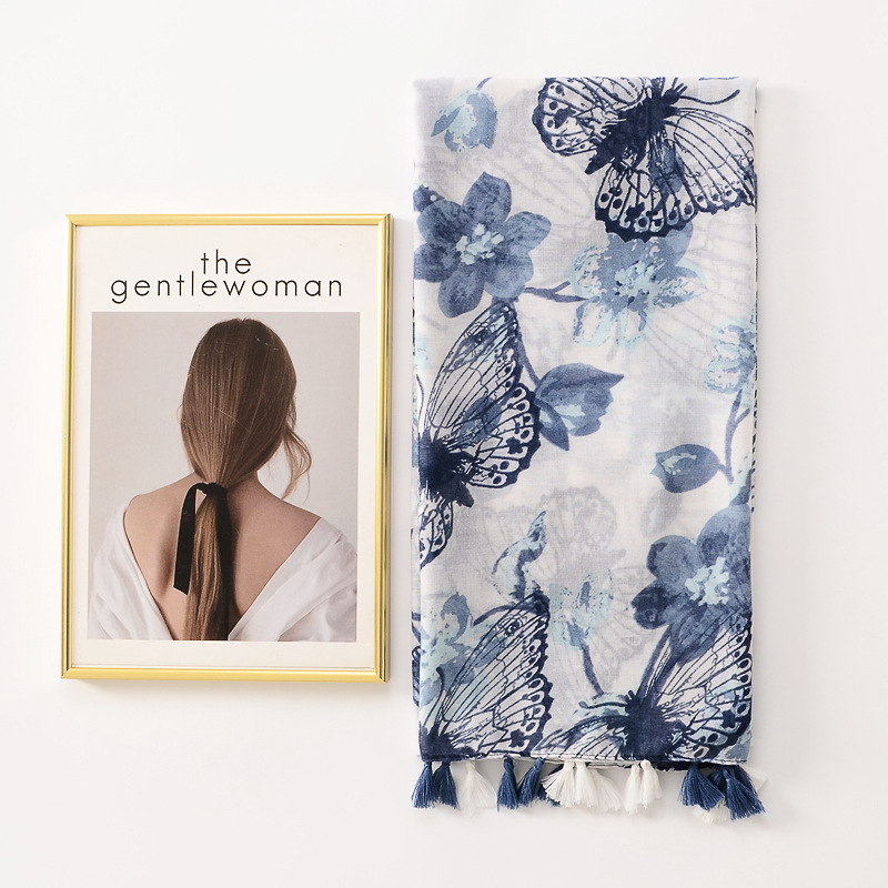 Estilo coreano caliente-Venta de algodón y lino sensación bufanda representación tinta pintura mariposa impresión borla bufanda viaje protector solar Toalla de playa