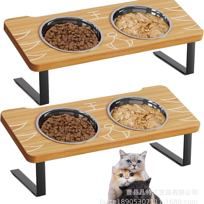 Cross-Border Elevated Cat Bowl Tilted Stainless Steel Cat Food Bowl Bamboo Stand Anti-Vomiting Feeding for Indoor Cats and Pets
