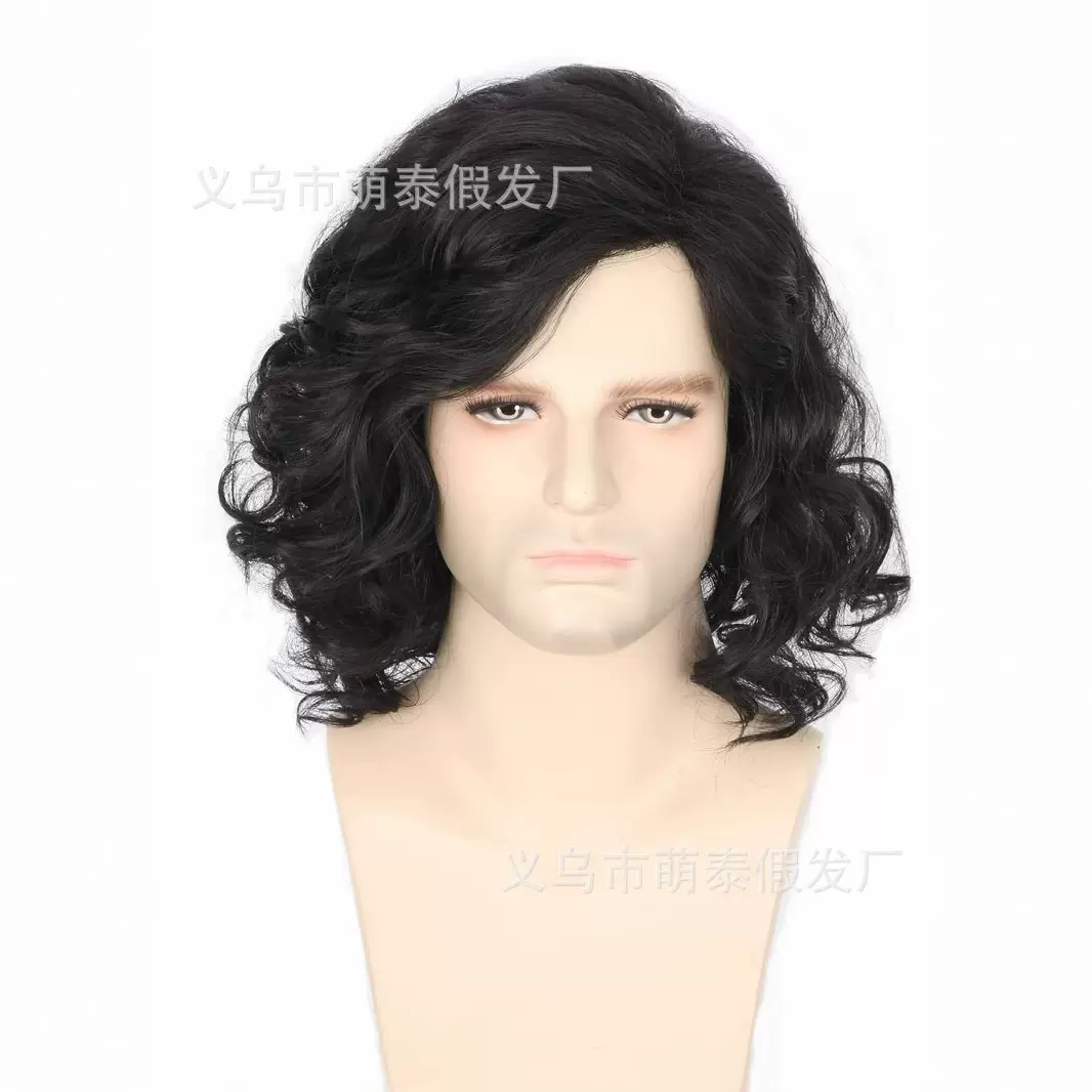 外贸平台货源专供男士假发偏分斜刘海短卷发黑色男发自然卷蓬松发
