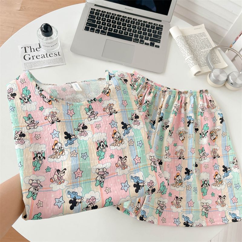 Venta al por mayor transfronteriza de pijamas vietnamitas verano femenino dibujos animados coreanos dulce y lindo estudiante estampado cuello redondo nube algodón estilo ins