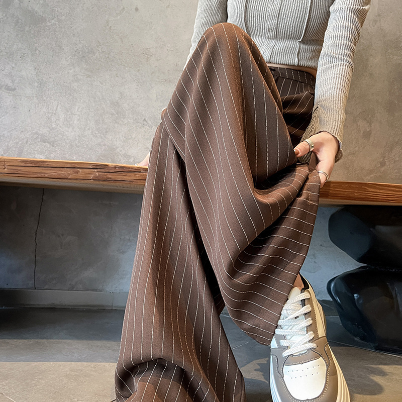 秋の女性用ストライプスーツワイドレッグパンツ、ゆったりとしたスリムなハイウエストストレートレッグカジュアルフロアレングスパンツ|undefined