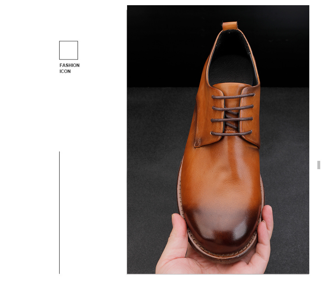 Chaussures en cuir à lacets pour hommes, semelle extérieure en cuir, tête ronde, décontractées, couche de tête, cuir de vache, couleur unie_voghion.com