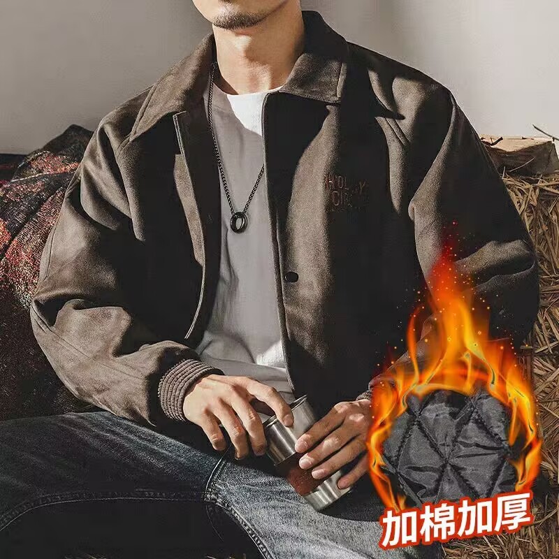 灰色の緑の鹿の毛皮の毛の襟の野球の服の男性のゆったりした秋冬のファッションのブランドの380gの重いポンドのアメリカのジャケットのコート|undefined