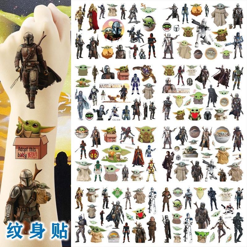 Children's Cartoon Baby Yoda Tattoo Sticker Water Transfer Sticker Meow Adult Tattoo Sticker Birthday Party Gift Sticker