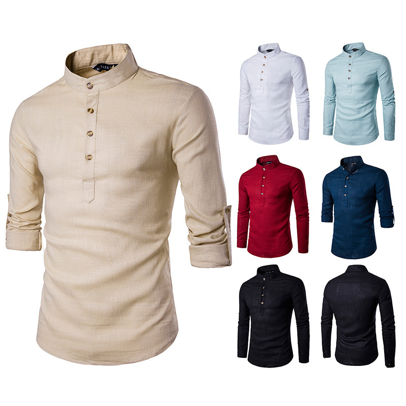 Amazon transfronterizo nuevos hombres de tamaño europeo de color sólido de algodón y lino camisa de manga larga Henry Collar de lino de color sólido camisa de cuello alto