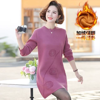 妈妈冬装加绒加厚毛衣女打底衫中长中年一体绒保暖时尚洋气连衣裙