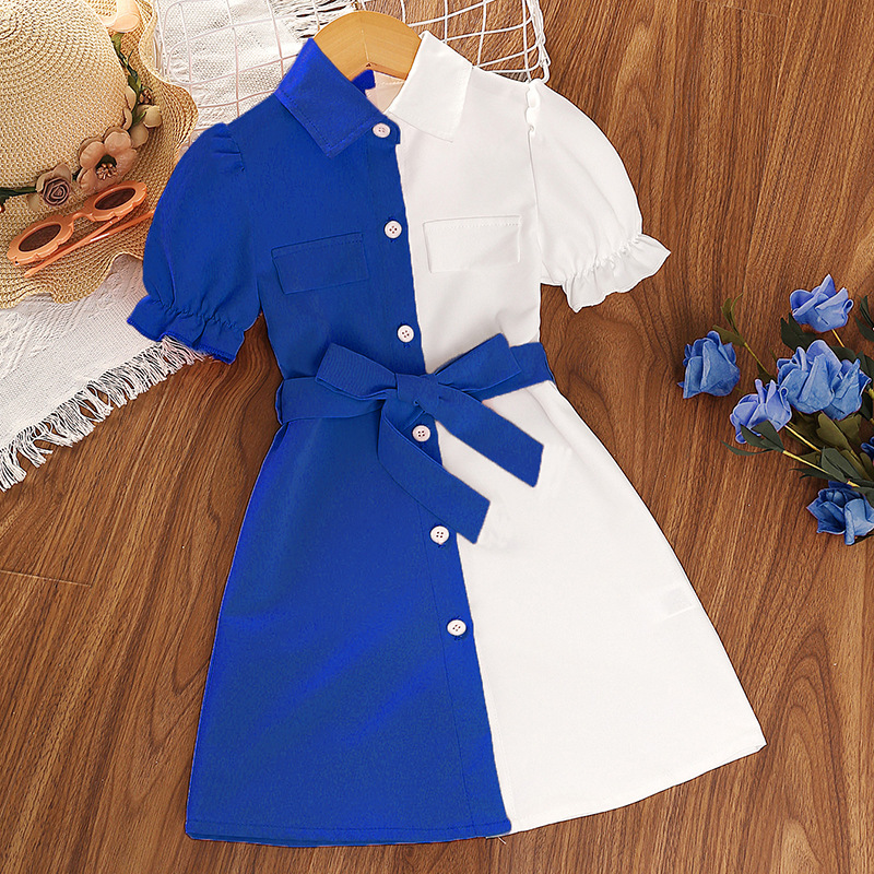 Mädchen-Hemdkleid mit Farbblockmuster, Sommermode, kurzärmelig, kariert, Kragen_voghion.com
