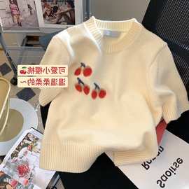 法式温柔风樱桃短袖毛衣女2025新款设计感洋气减龄短款针织衫毛衣