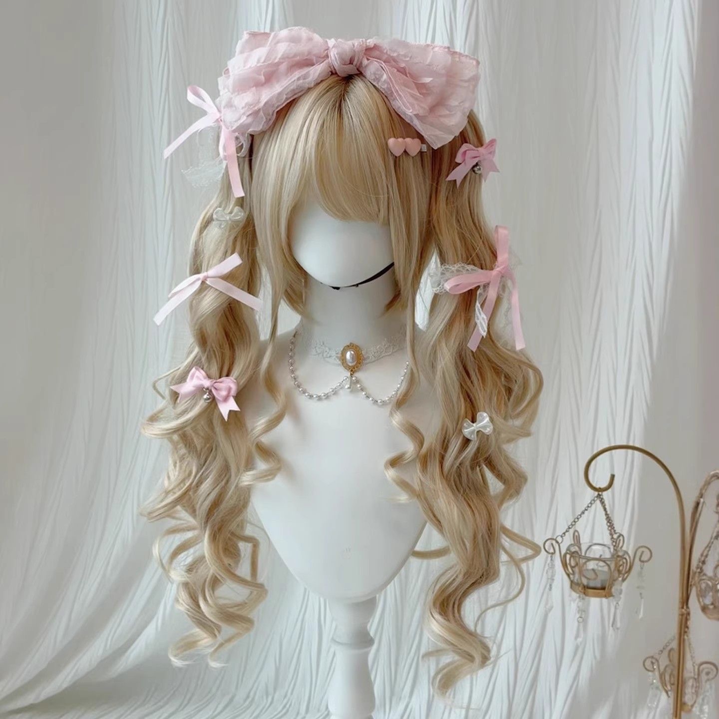 【Otome Yume Diary】 Lolita peruk för kvinnor med tvillingsvans och dockstil, japanska Lolita Roman lockar