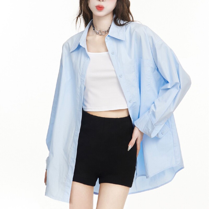 Light Blue Shirt for Women, Long-Sleeved, Loose-Fitting Outerwear, Hong Kong Style, Mid-Length Shirt, High-End and Luxurious