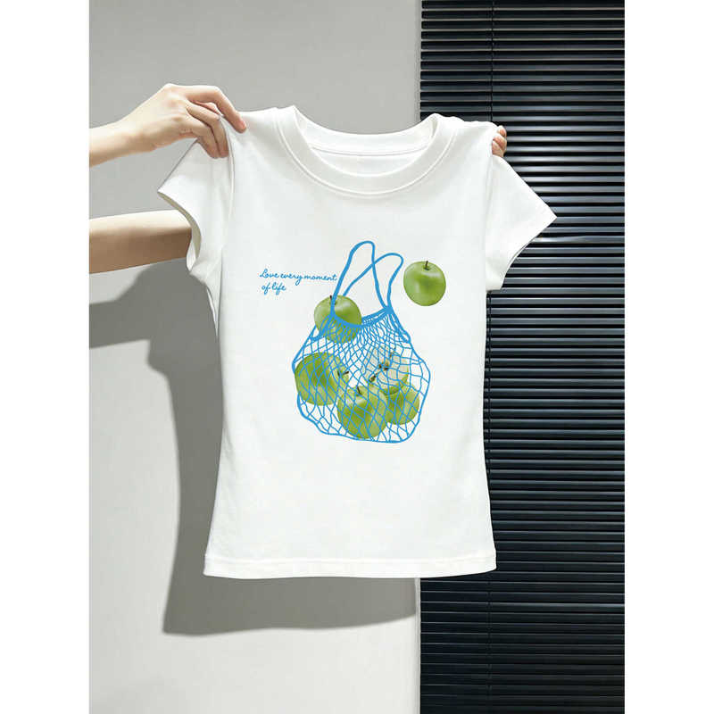 Stretch Cotton Apple Print Short-Sleeve Women's Summer Breathable Youthful Style Regular Shoulder Base Shirt Inner Wear Top Regular Shoulder T-Shirt Stretch Cotton Apple Print Short-Sleeve Women's Summer Breathable Youthful Style Regular Shoulder Base Shirt Inner Wear Top Regular Shoulder T-Shirt