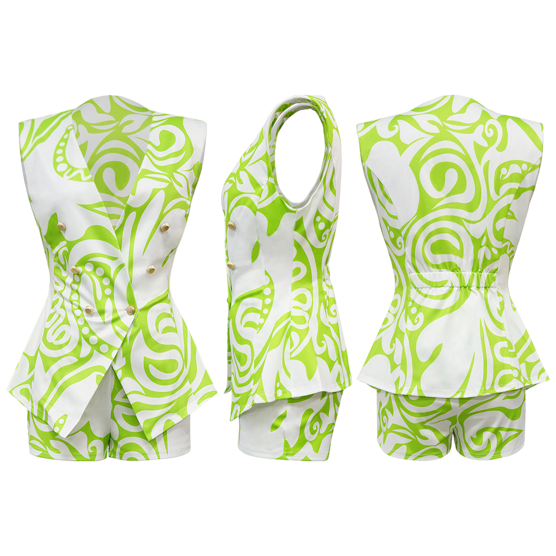 Ensemble blazer sans manches et short imprimé géométrique femme_voghion.com