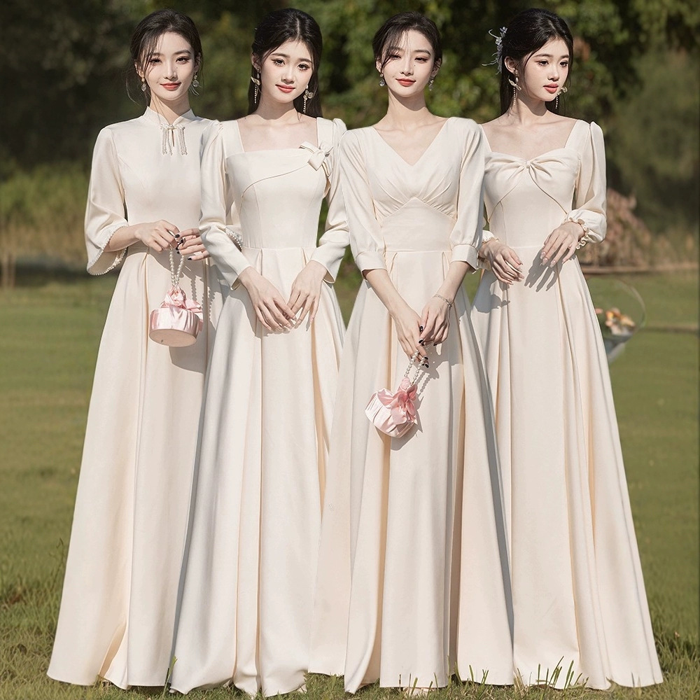 Bridesmaid Dress 2026 New Spring Champagne Color Long-Sleeved High-End Niche Everyday Wear Satin New Chinese Style Dress for Women