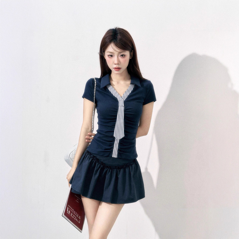 Korean Preppy Style Lapel Plaid Tie Short-Sleeved T-Shirt Women's Summer New Slimming Look Top + Short Skirt