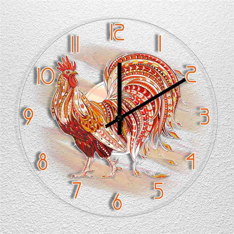 Led Light Transparent Acrylic Wall Clock Tribal Fiery Cock Tattoo Design Color Clock Farmhouse Decorative Wall Clock