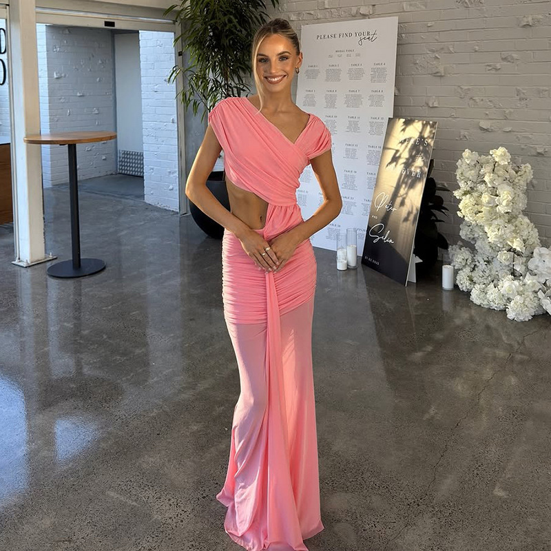 Women Clothing Spring Summer Solid Color Elegant Socialite Pleated Sexy Oblique Shoulder Dress Women