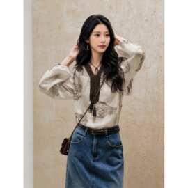 波西米亚风 印花苎麻拼接灯笼袖立领宽松上衣女秋