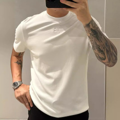2025 夏高品質文字刺繍抗シワ無地半袖 Tシャツメンズスリムヨーロッパ Tシャツボトリングシャツトレンディ