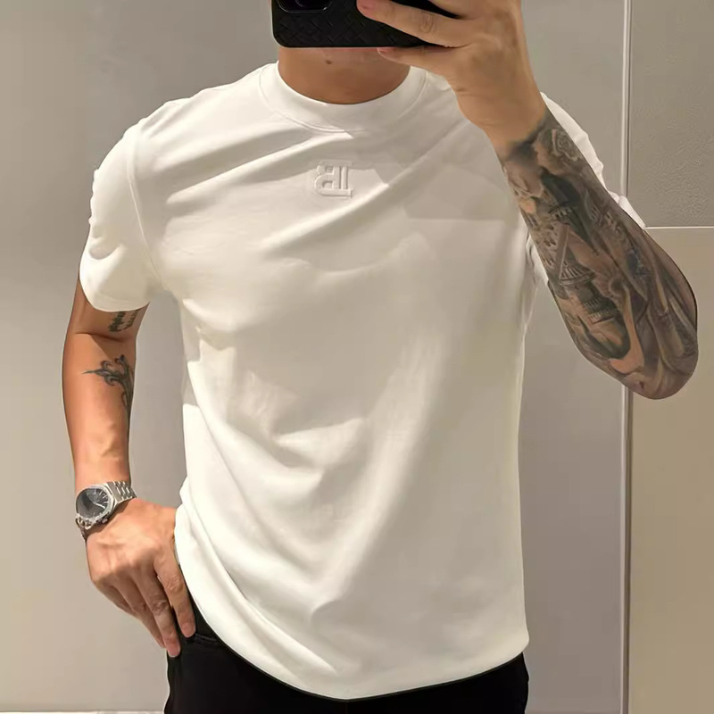 2026 Summer High-Quality Letter Embroidery Anti-Wrinkle Solid Color Short-Sleeve T-Shirt for Men Slim Fit European Style Base Shirt Trendy 2026 Summer High-Quality Letter Embroidery Anti-Wrinkle Solid Color Short-Sleeve T-Shirt for Men Slim Fit European Style Base Shirt Trendy