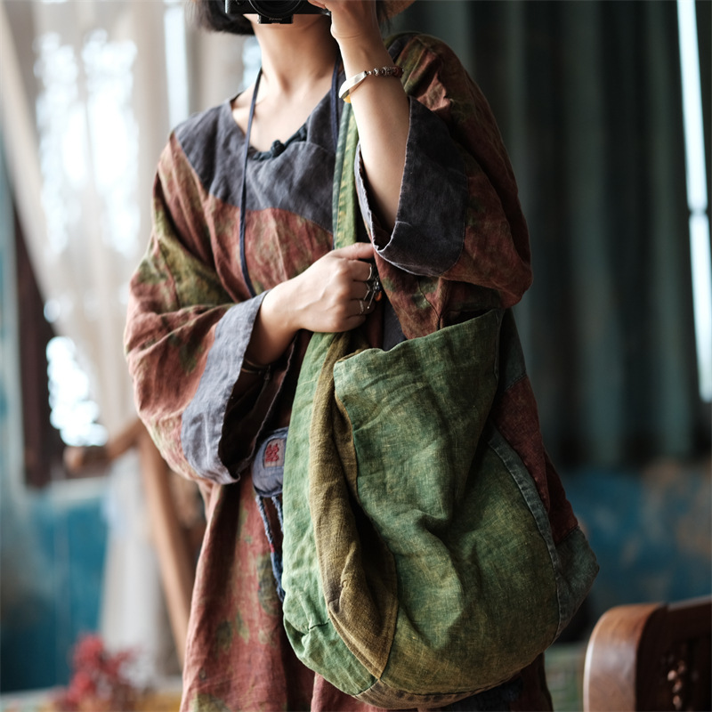 Little Mud Girl Original Design Retro Artistic Single Shoulder Crossbody Large Bag Patchwork B091 Green Patch