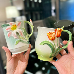 Country-style Enamel Tulip Mugs for Home and Office, High-End Ceramic Drinking Cups, Breakfast Oat Cups