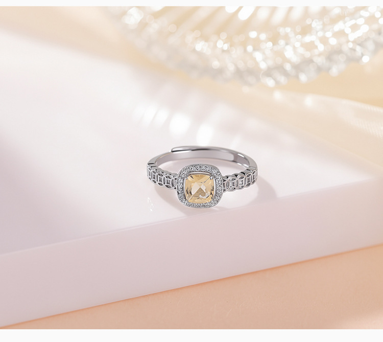 Nhẫn nữ bạc S925 mạ vàng đính đá cubic zirconia hình vuông mặt xu, kiểu mở điều chỉnh — Loại bạc chi tiết 4