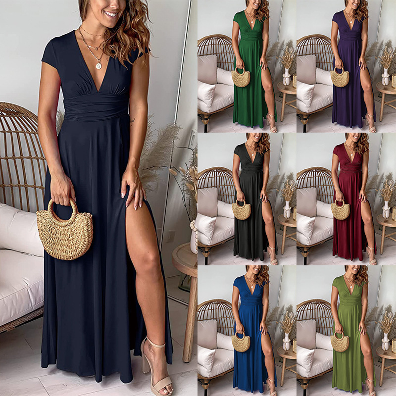 Women's Deep V-neck Short-sleeved Long Dress Pleated High Waist Split Club Party Evening Dress Solid Color Dress