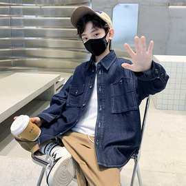 春秋季男童牛仔衬衫童装儿童男童长袖衬衫男孩翻领牛仔外套帅气潮