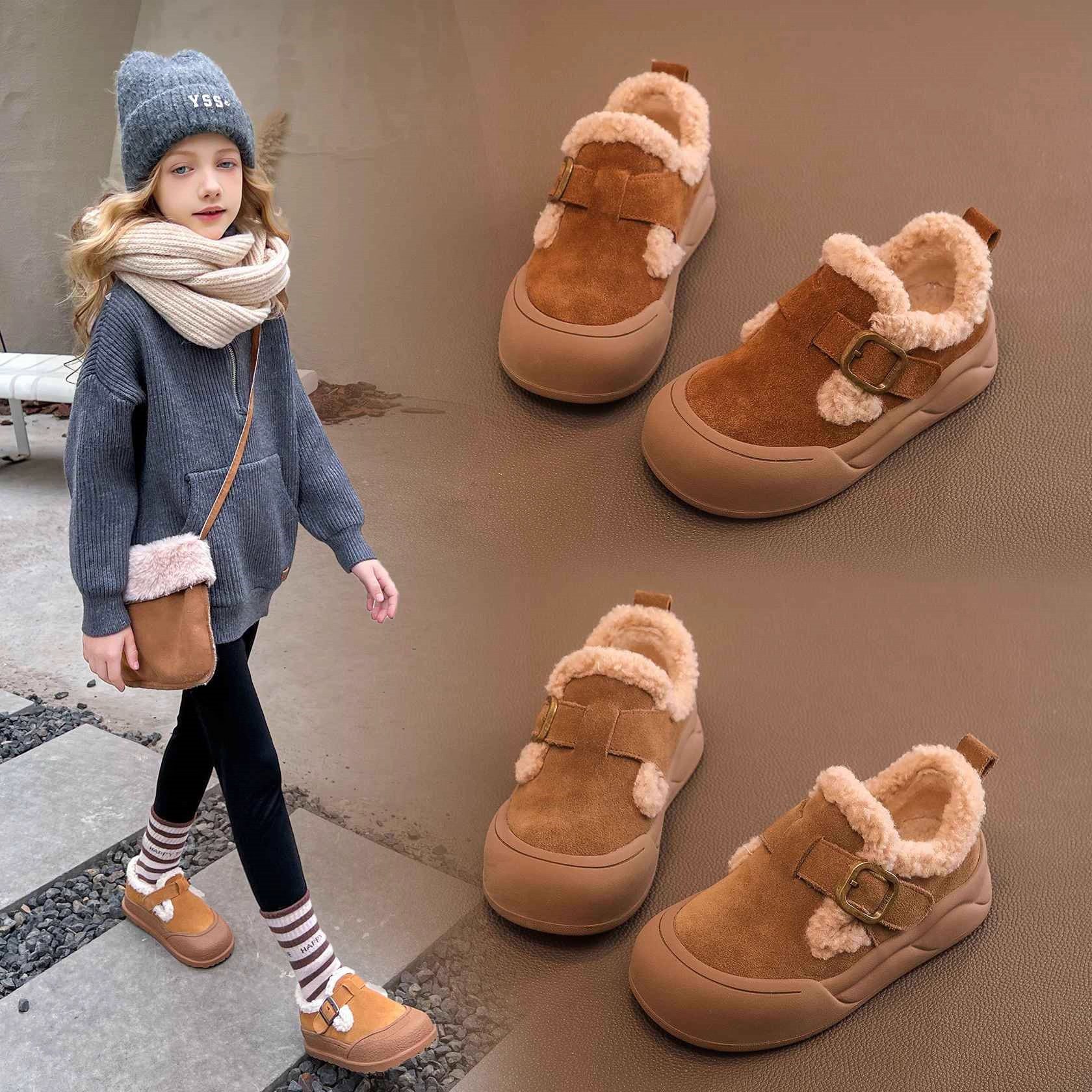 Children's Shoes, Kidsren's Cotton Shoes, Snow Boots, 2025 Winter New Style Fleece-Lined Birkenstock Medium and Large Kidsren's Baby Furry Shoes