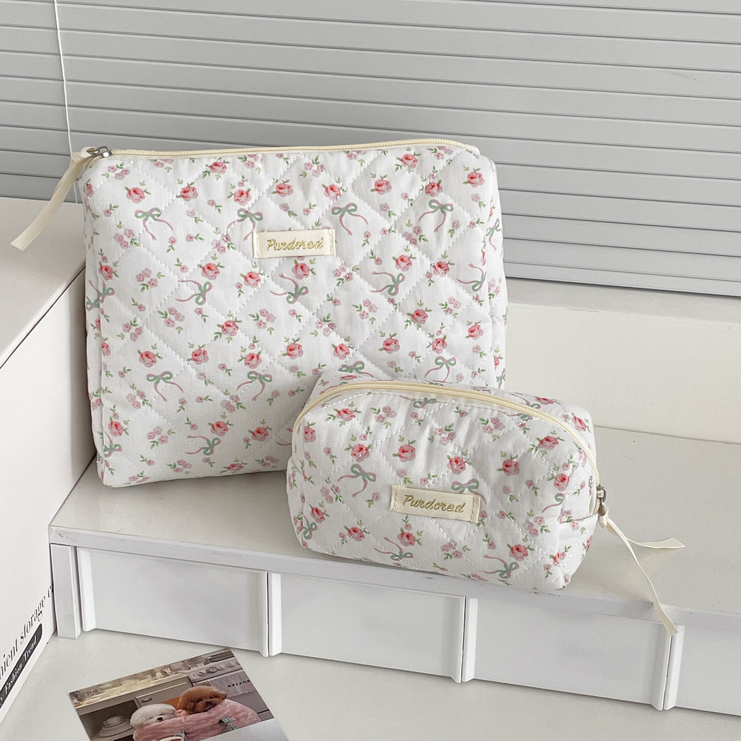 Square Shape Streetwear Ditsy Floral Bow Knot Quilted Cotton Sewing Thread Square Makeup Bags