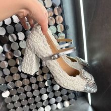 亮片粗跟单鞋一字带拼色玛丽珍鞋方头高跟鞋女水钻扣2024秋季新款