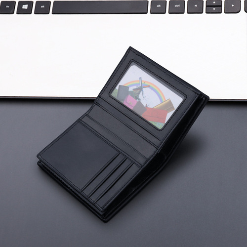 Men's short, vertical-style leather wallet with zipper and reinforced design—anti-scan feature—leather texture in lychee pattern