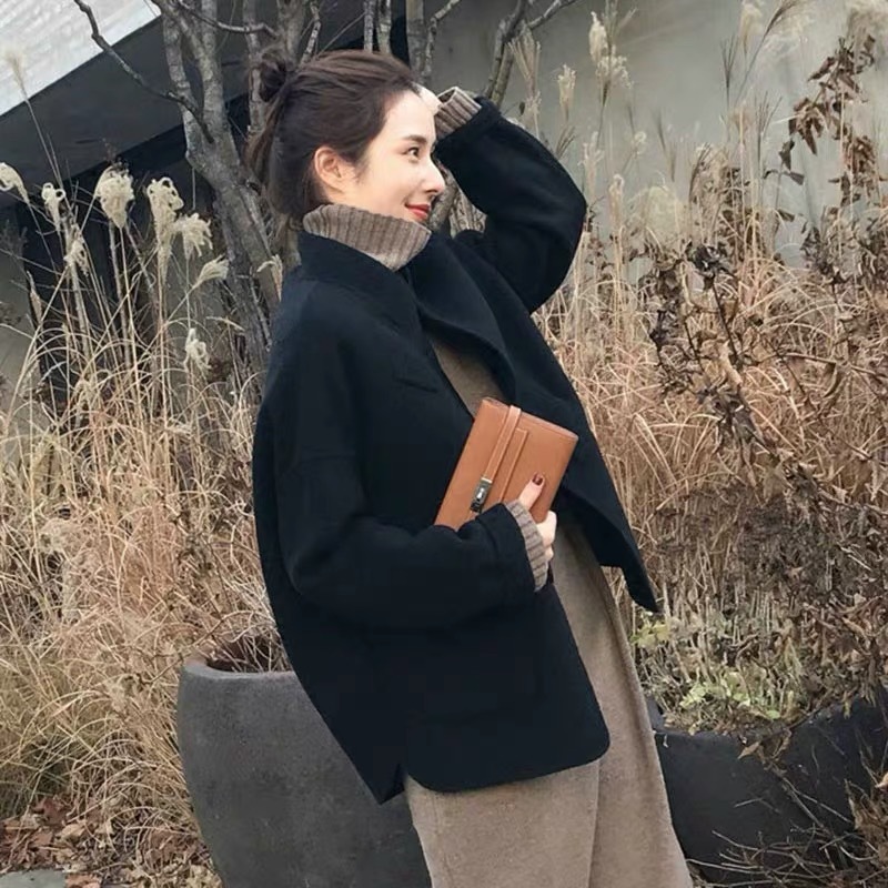 Double-Sided Cashmere Short Outwear Woolen Outwear for Women Autum New Korean Style Cocoon-Shaped Loose Slimming Look Classy Hand-Sewn